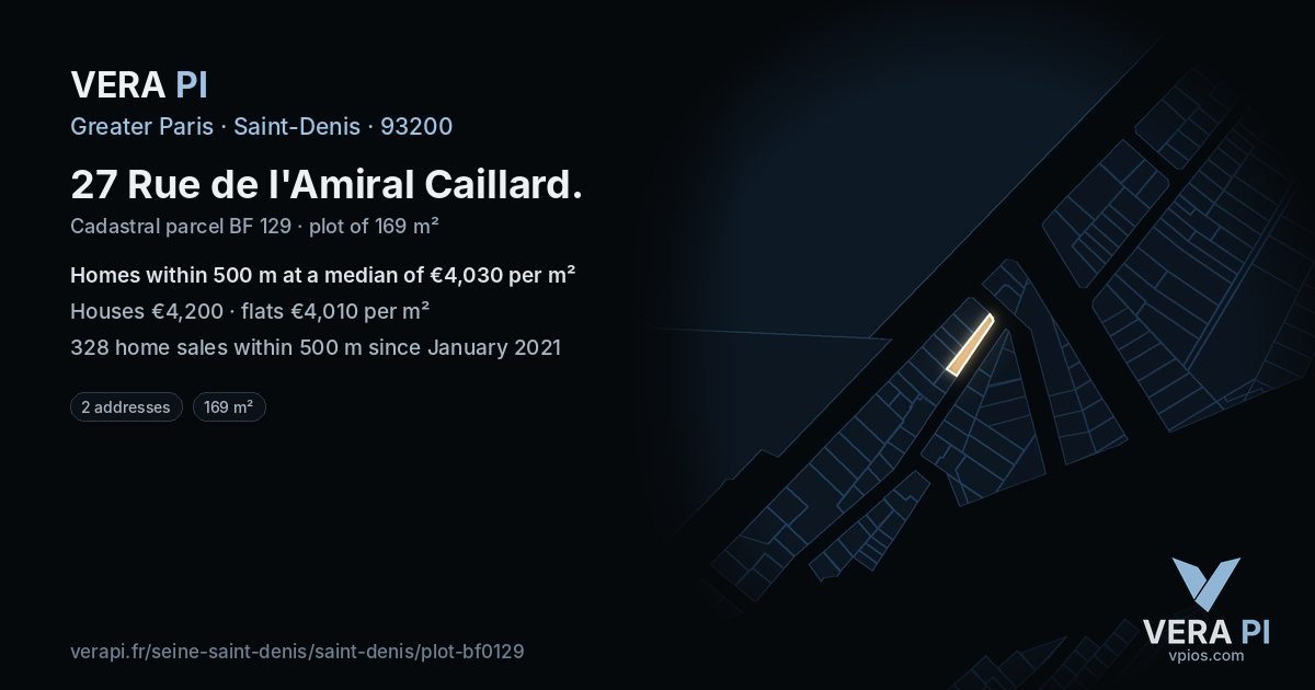 27 Rue de l'Amiral Caillard, Saint-Denis at night – the plot lit, the parcels around coloured by the prices near them