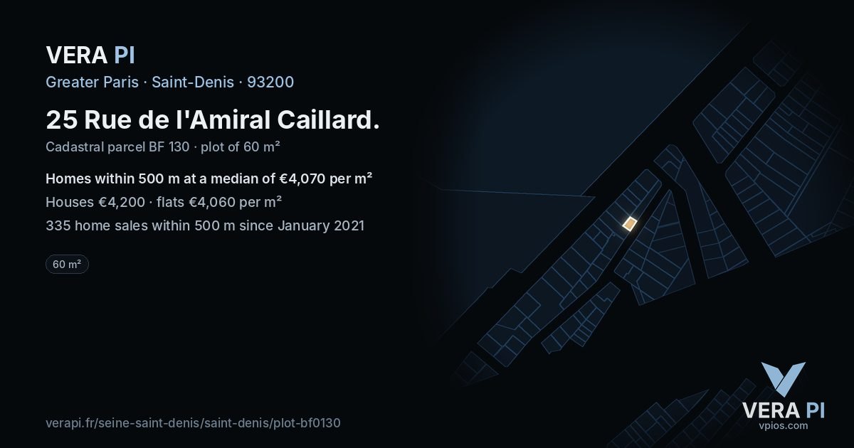 25 Rue de l'Amiral Caillard, Saint-Denis at night – the plot lit, the parcels around coloured by the prices near them