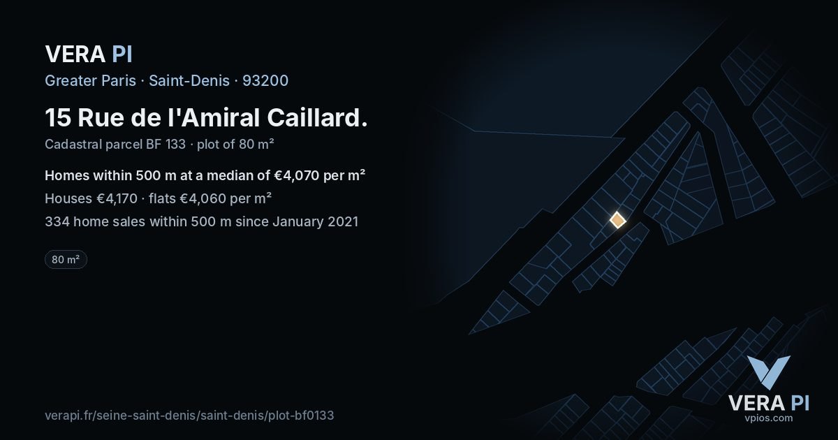 15 Rue de l'Amiral Caillard, Saint-Denis at night – the plot lit, the parcels around coloured by the prices near them