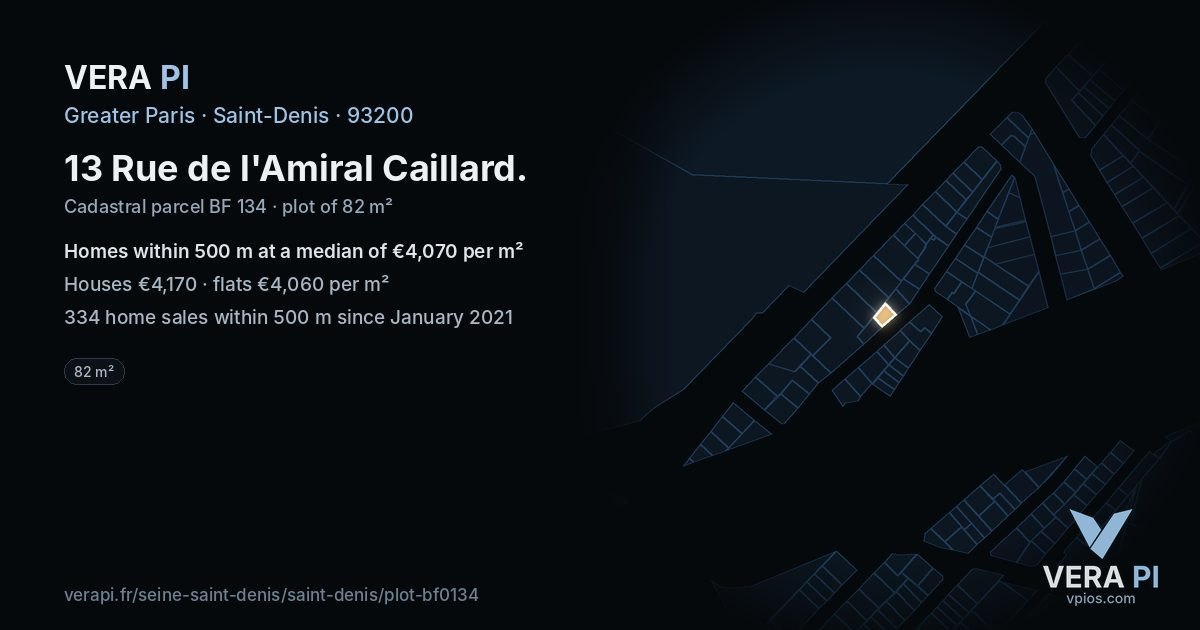 13 Rue de l'Amiral Caillard, Saint-Denis at night – the plot lit, the parcels around coloured by the prices near them