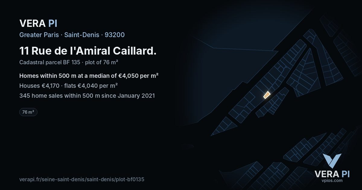 11 Rue de l'Amiral Caillard, Saint-Denis at night – the plot lit, the parcels around coloured by the prices near them
