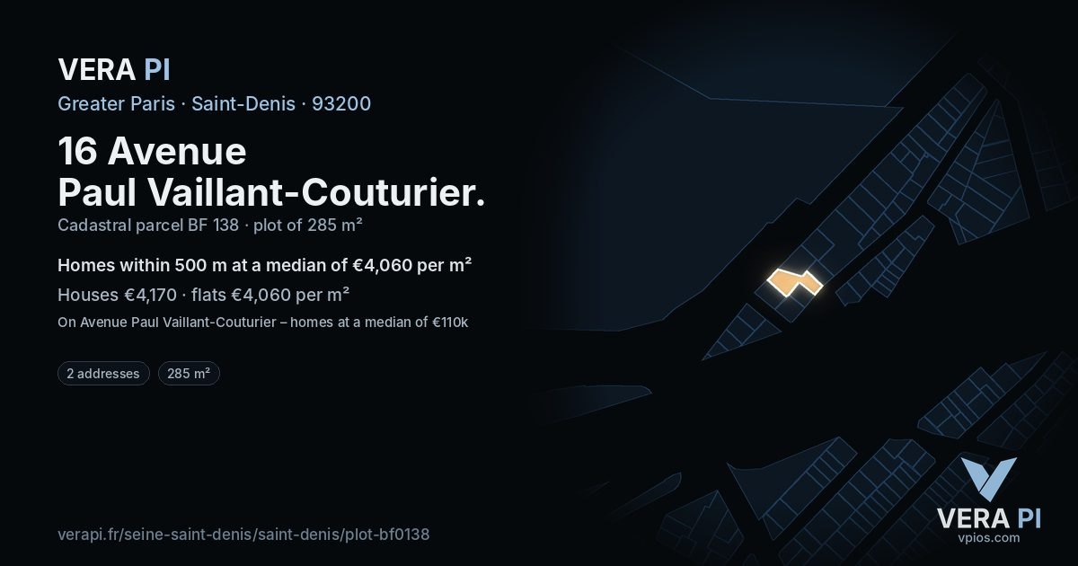 16 Avenue Paul Vaillant-Couturier, Saint-Denis at night – the plot lit, the parcels around coloured by the prices near them