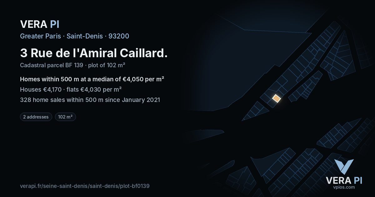 3 Rue de l'Amiral Caillard, Saint-Denis at night – the plot lit, the parcels around coloured by the prices near them