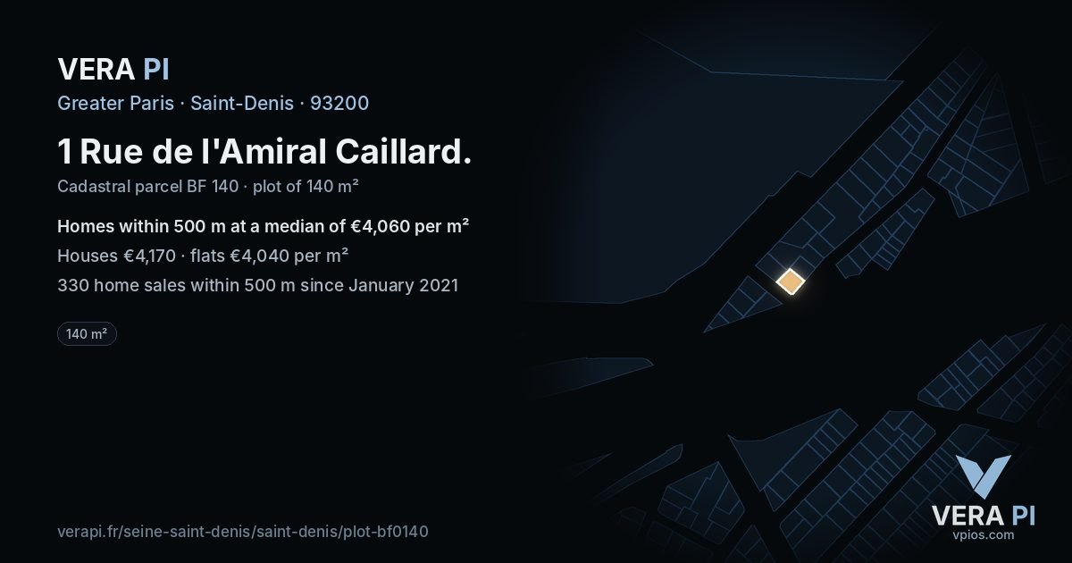 1 Rue de l'Amiral Caillard, Saint-Denis at night – the plot lit, the parcels around coloured by the prices near them