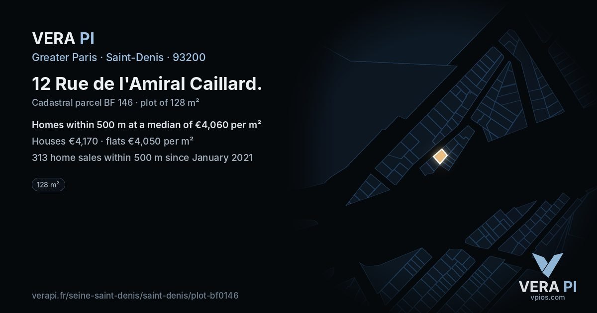 12 Rue de l'Amiral Caillard, Saint-Denis at night – the plot lit, the parcels around coloured by the prices near them