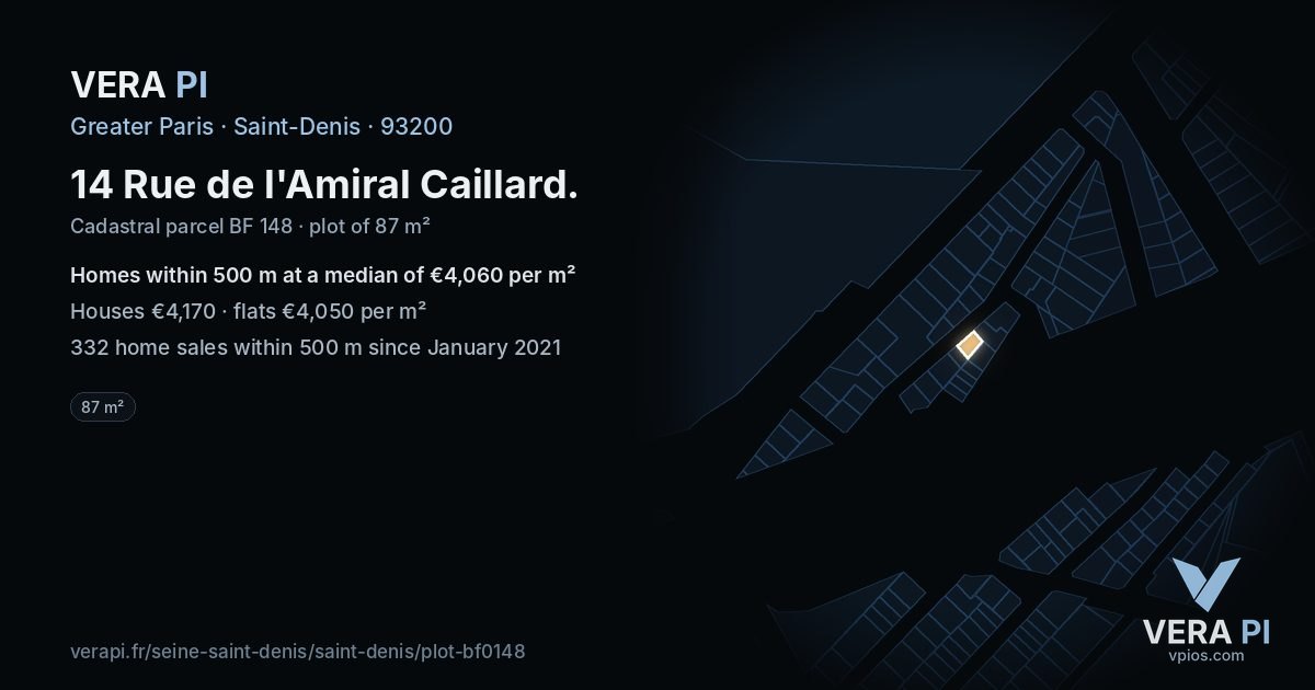 14 Rue de l'Amiral Caillard, Saint-Denis at night – the plot lit, the parcels around coloured by the prices near them