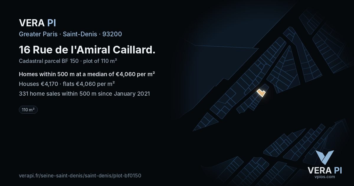 16 Rue de l'Amiral Caillard, Saint-Denis at night – the plot lit, the parcels around coloured by the prices near them
