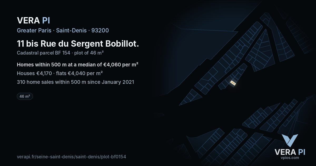 11 bis Rue du Sergent Bobillot, Saint-Denis at night – the plot lit, the parcels around coloured by the prices near them