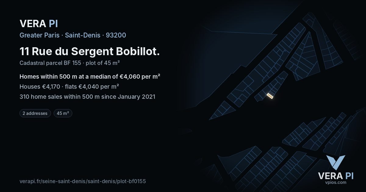 11 Rue du Sergent Bobillot, Saint-Denis at night – the plot lit, the parcels around coloured by the prices near them