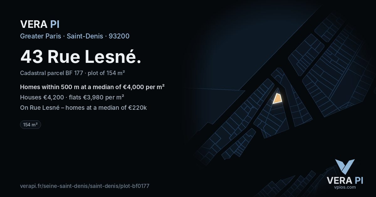 43 Rue Lesné, Saint-Denis at night – the plot lit, the parcels around coloured by the prices near them