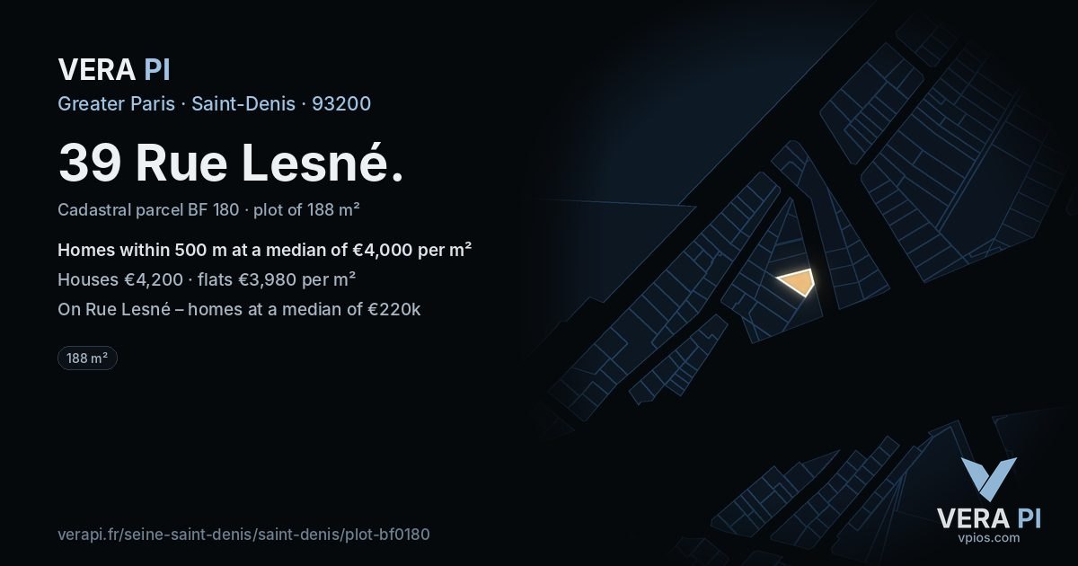 39 Rue Lesné, Saint-Denis at night – the plot lit, the parcels around coloured by the prices near them