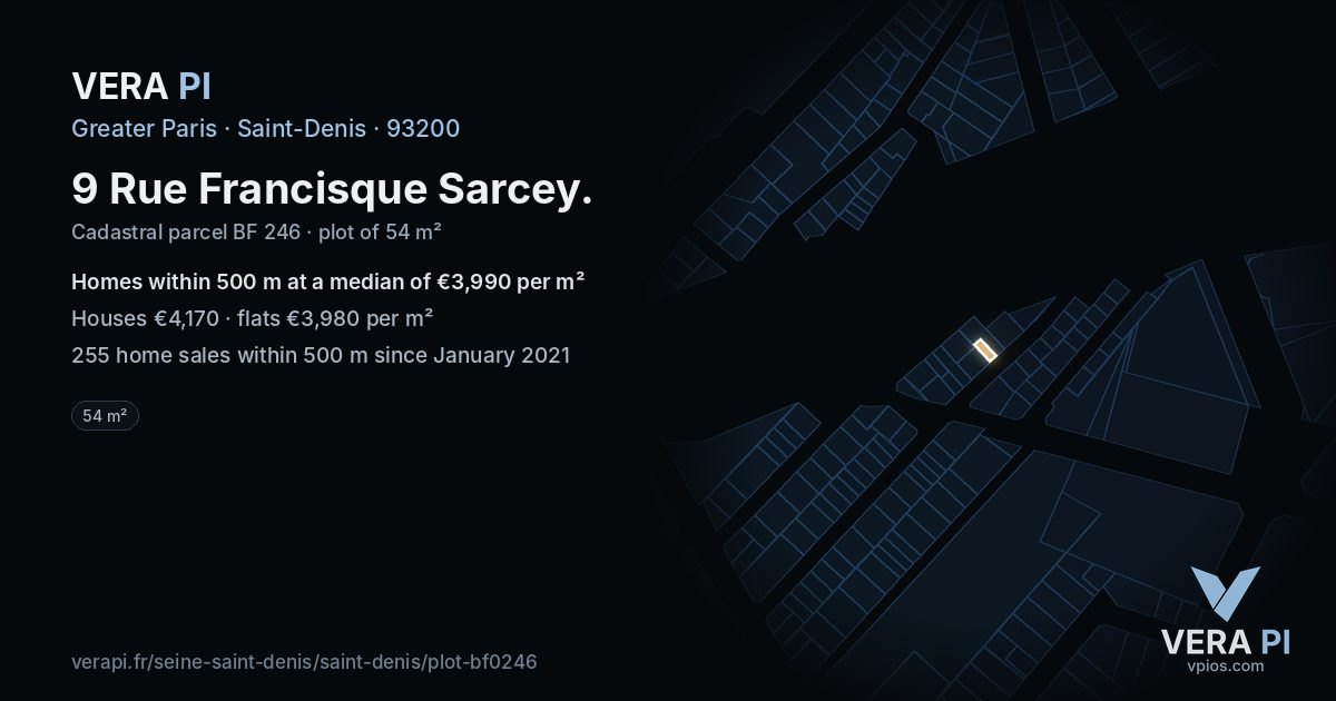 9 Rue Francisque Sarcey, Saint-Denis at night – the plot lit, the parcels around coloured by the prices near them