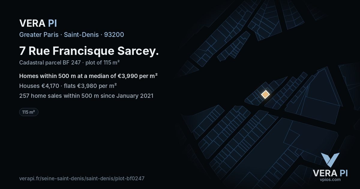 7 Rue Francisque Sarcey, Saint-Denis at night – the plot lit, the parcels around coloured by the prices near them
