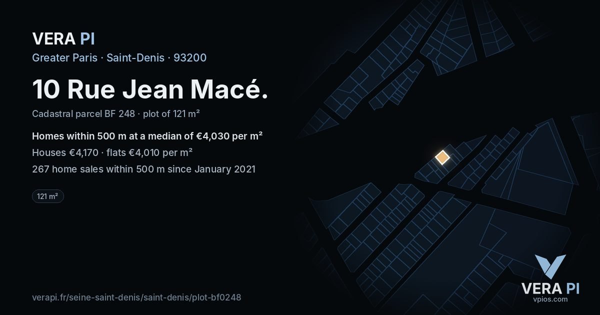 10 Rue Jean Macé, Saint-Denis at night – the plot lit, the parcels around coloured by the prices near them