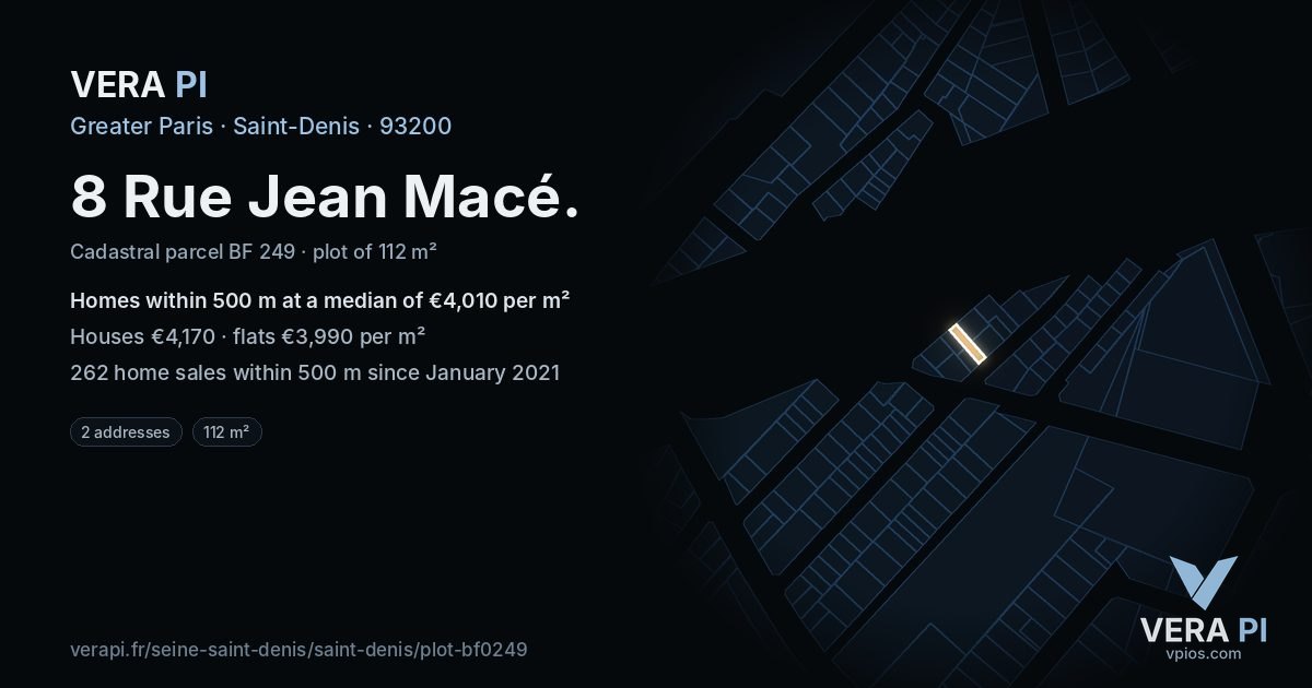 8 Rue Jean Macé, Saint-Denis at night – the plot lit, the parcels around coloured by the prices near them