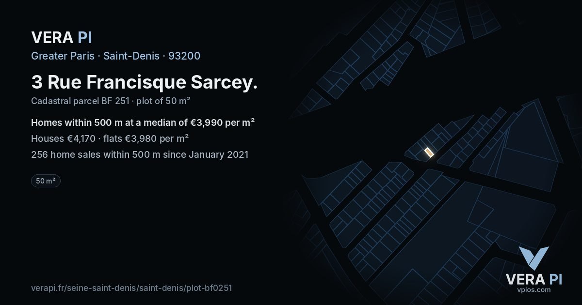 3 Rue Francisque Sarcey, Saint-Denis at night – the plot lit, the parcels around coloured by the prices near them