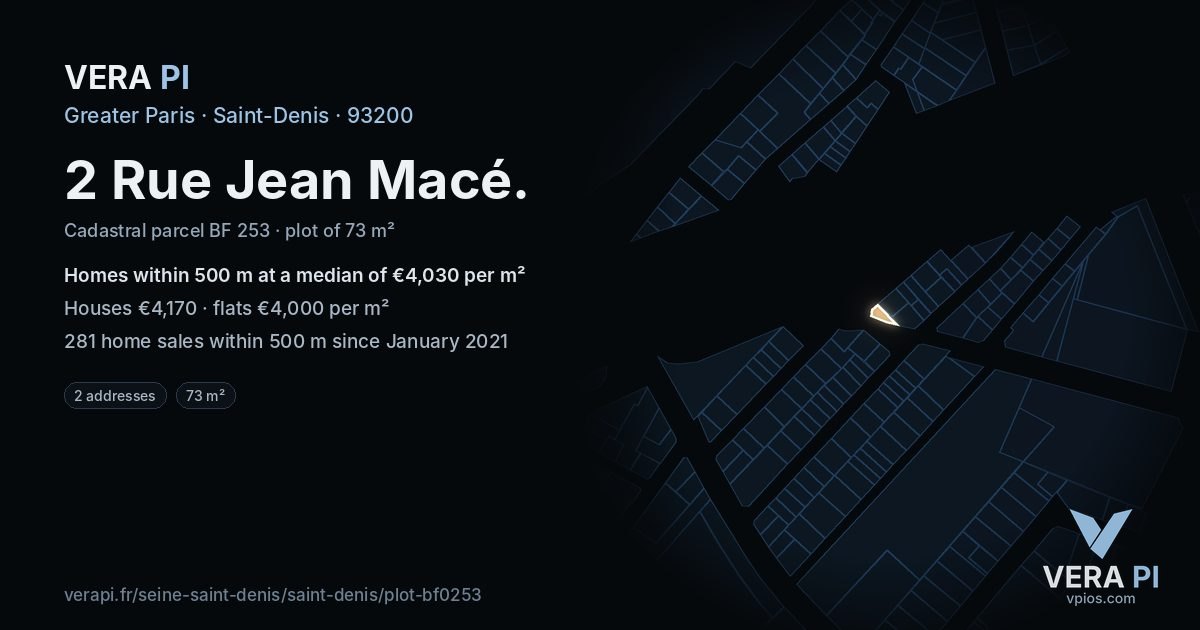 2 Rue Jean Macé, Saint-Denis at night – the plot lit, the parcels around coloured by the prices near them