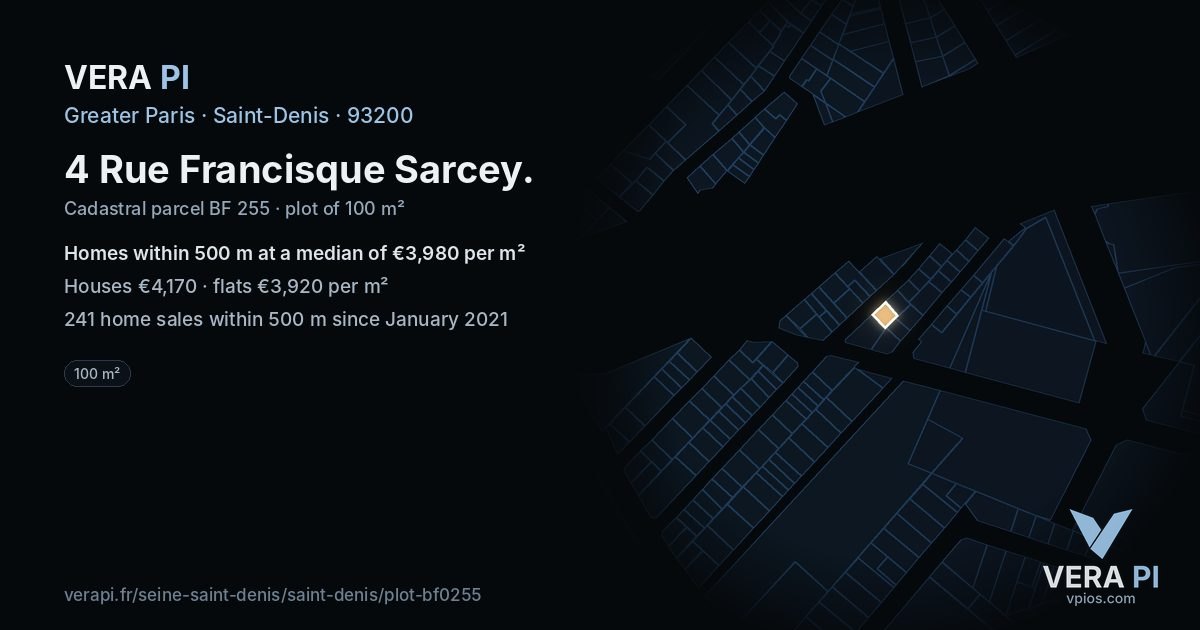 4 Rue Francisque Sarcey, Saint-Denis at night – the plot lit, the parcels around coloured by the prices near them