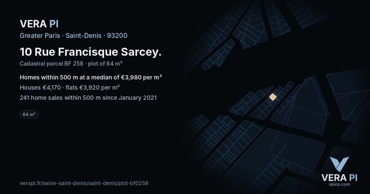 10 Rue Francisque Sarcey, Saint-Denis at night – the plot lit, the parcels around coloured by the prices near them