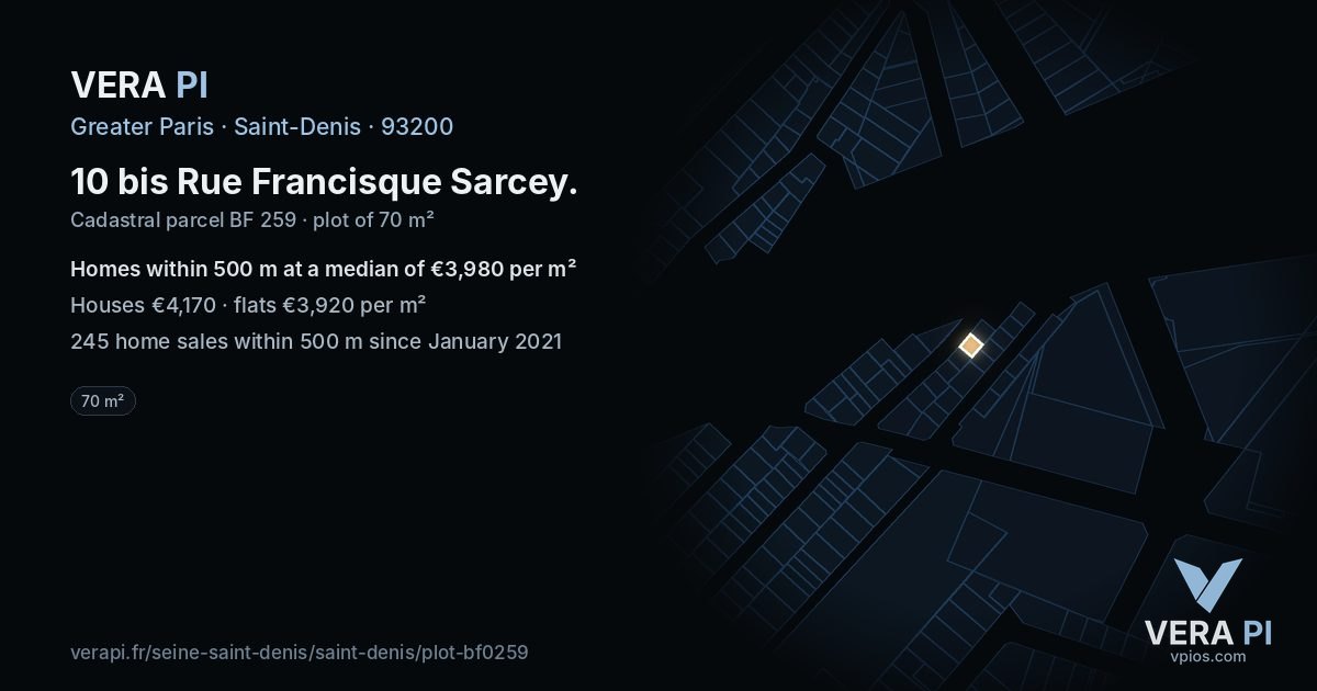 10 bis Rue Francisque Sarcey, Saint-Denis at night – the plot lit, the parcels around coloured by the prices near them