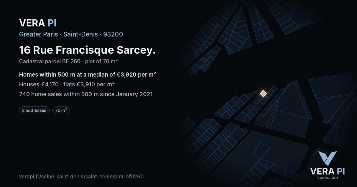 16 Rue Francisque Sarcey, Saint-Denis at night – the plot lit, the parcels around coloured by the prices near them