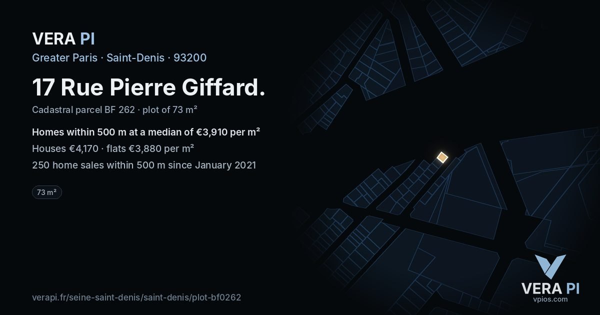 17 Rue Pierre Giffard, Saint-Denis at night – the plot lit, the parcels around coloured by the prices near them