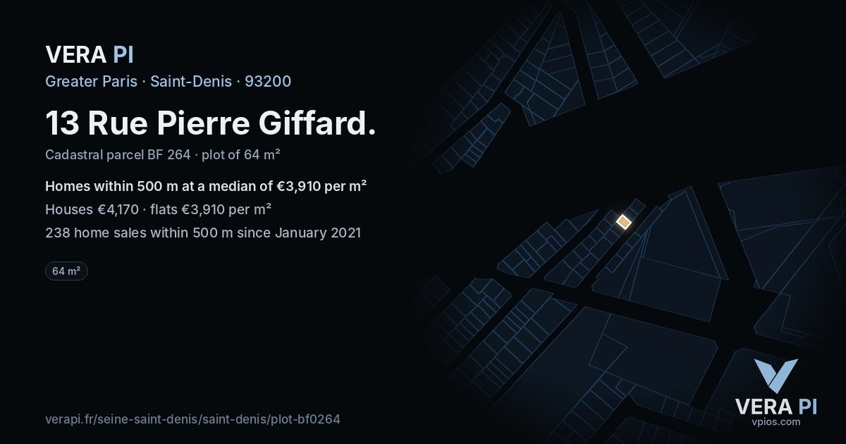 13 Rue Pierre Giffard, Saint-Denis at night – the plot lit, the parcels around coloured by the prices near them