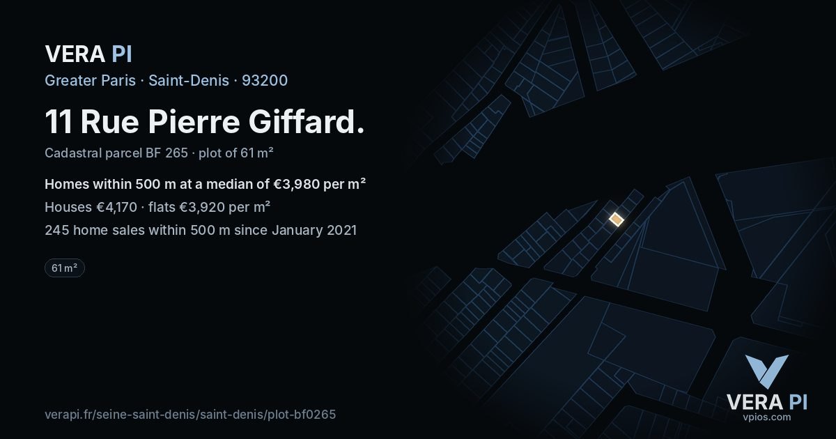 11 Rue Pierre Giffard, Saint-Denis at night – the plot lit, the parcels around coloured by the prices near them