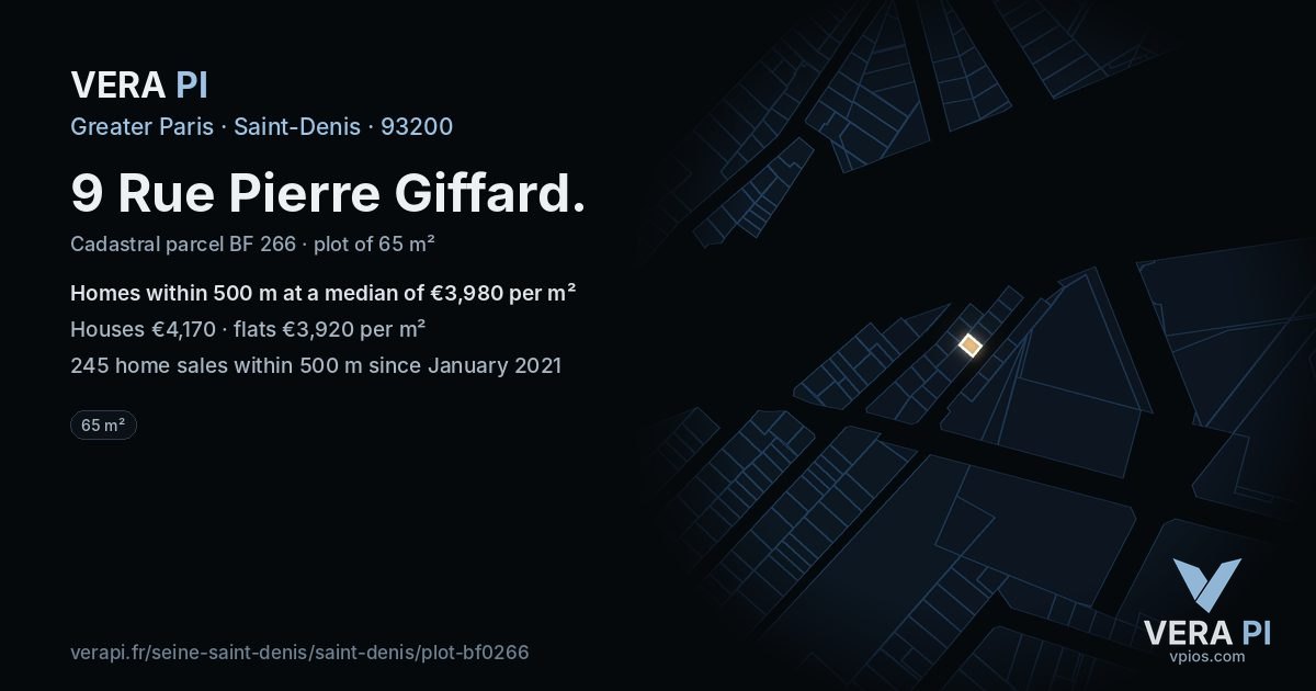 9 Rue Pierre Giffard, Saint-Denis at night – the plot lit, the parcels around coloured by the prices near them