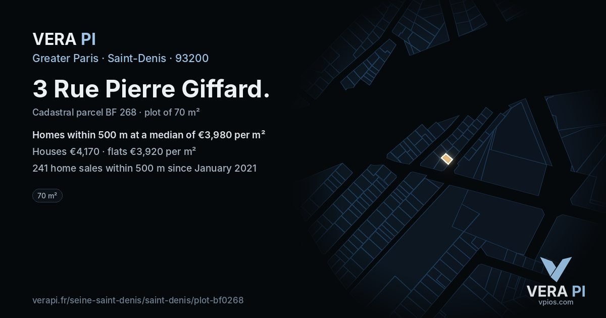 3 Rue Pierre Giffard, Saint-Denis at night – the plot lit, the parcels around coloured by the prices near them