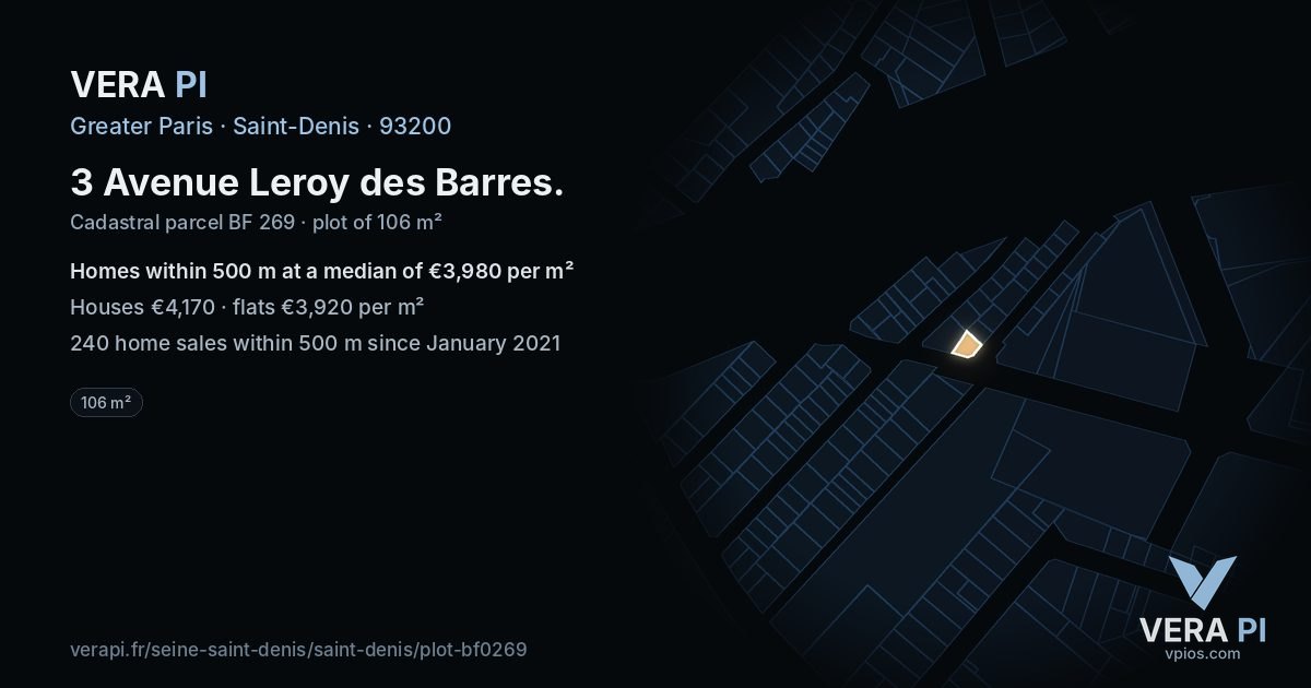 3 Avenue Leroy des Barres, Saint-Denis at night – the plot lit, the parcels around coloured by the prices near them