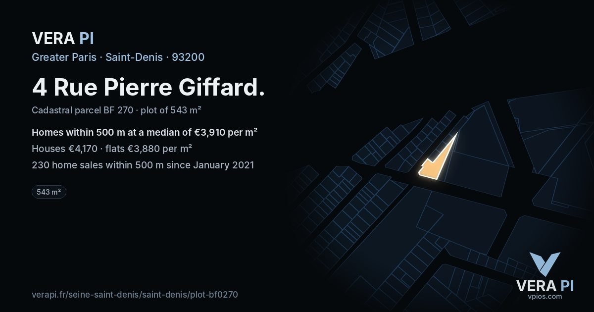 4 Rue Pierre Giffard, Saint-Denis at night – the plot lit, the parcels around coloured by the prices near them