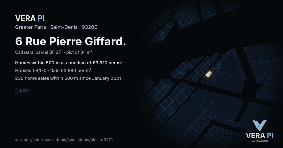 6 Rue Pierre Giffard, Saint-Denis at night – the plot lit, the parcels around coloured by the prices near them