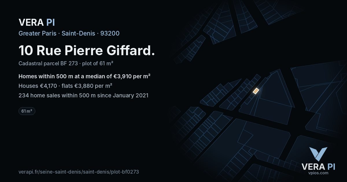 10 Rue Pierre Giffard, Saint-Denis at night – the plot lit, the parcels around coloured by the prices near them