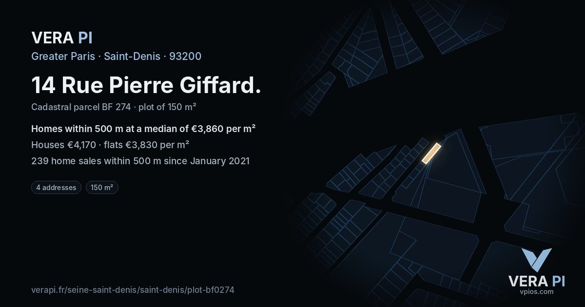14 Rue Pierre Giffard, Saint-Denis at night – the plot lit, the parcels around coloured by the prices near them