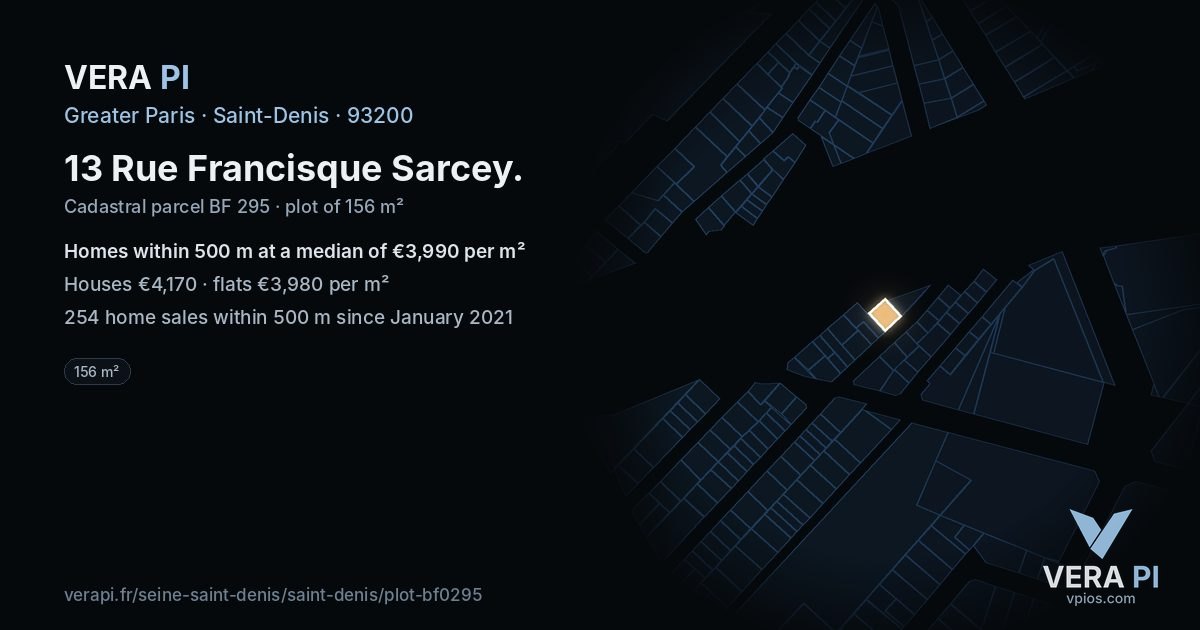 13 Rue Francisque Sarcey, Saint-Denis at night – the plot lit, the parcels around coloured by the prices near them