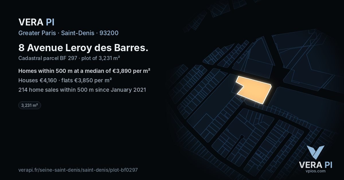 8 Avenue Leroy des Barres, Saint-Denis at night – the plot lit, the parcels around coloured by the prices near them