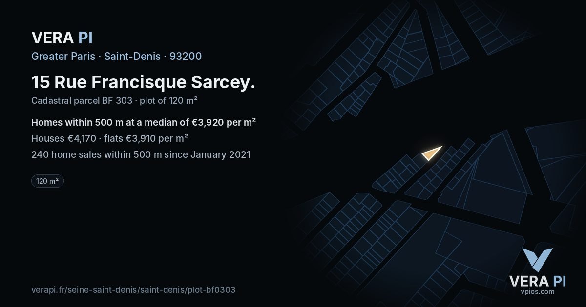15 Rue Francisque Sarcey, Saint-Denis at night – the plot lit, the parcels around coloured by the prices near them