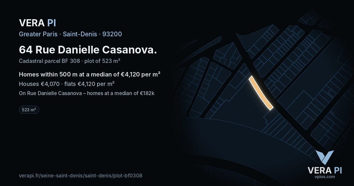 64 Rue Danielle Casanova, Saint-Denis at night – the plot lit, the parcels around coloured by the prices near them