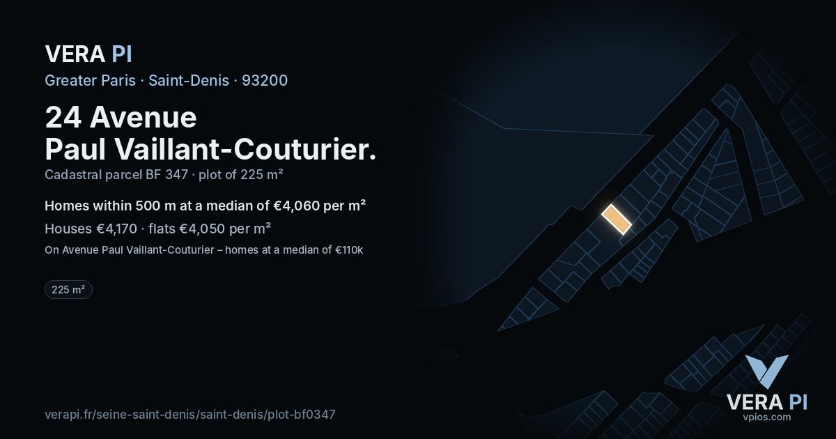 24 Avenue Paul Vaillant-Couturier, Saint-Denis at night – the plot lit, the parcels around coloured by the prices near them