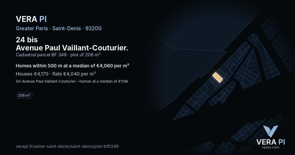 24 bis Avenue Paul Vaillant-Couturier, Saint-Denis at night – the plot lit, the parcels around coloured by the prices near them