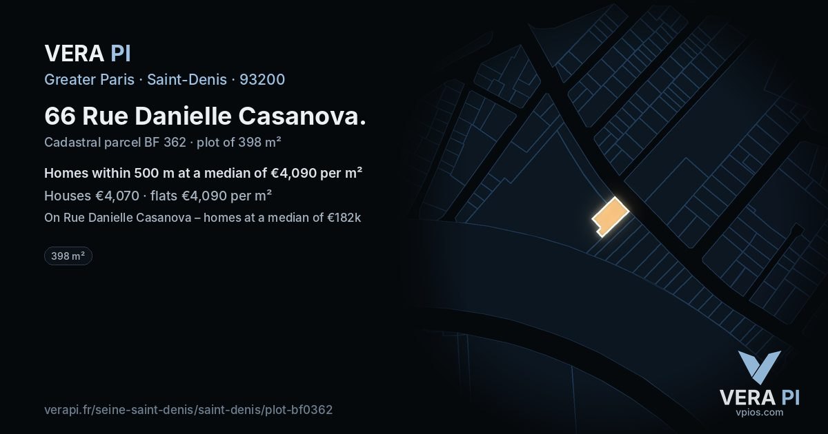 66 Rue Danielle Casanova, Saint-Denis at night – the plot lit, the parcels around coloured by the prices near them