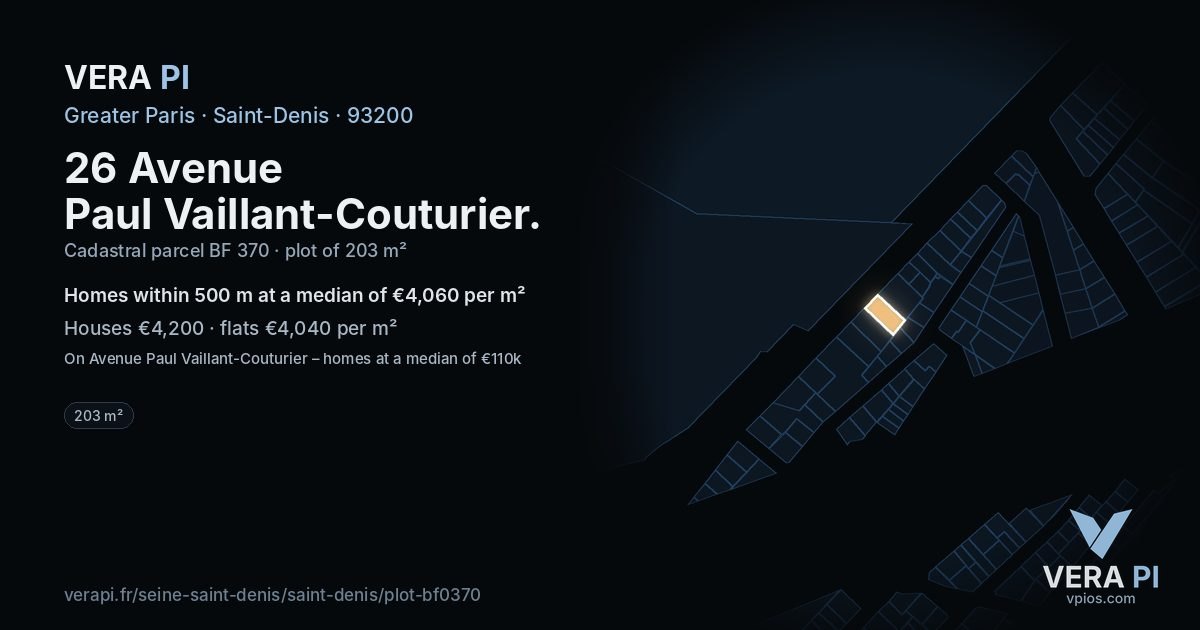 26 Avenue Paul Vaillant-Couturier, Saint-Denis at night – the plot lit, the parcels around coloured by the prices near them