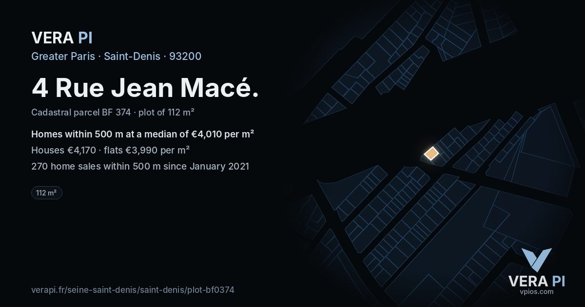 4 Rue Jean Macé, Saint-Denis at night – the plot lit, the parcels around coloured by the prices near them