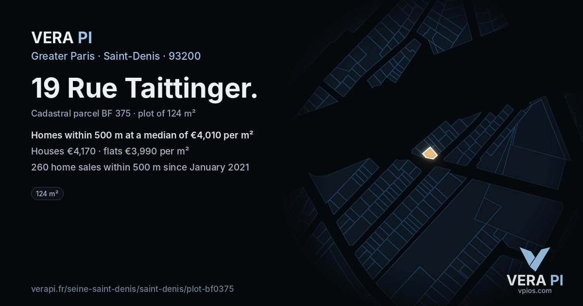 19 Rue Taittinger, Saint-Denis at night – the plot lit, the parcels around coloured by the prices near them