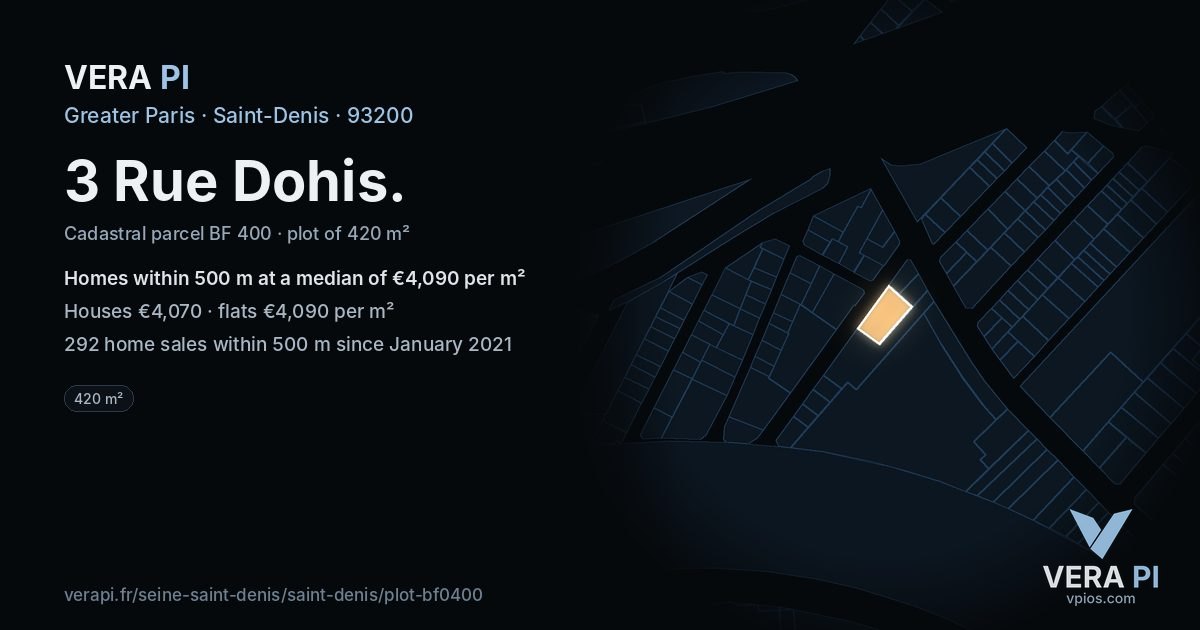 3 Rue Dohis, Saint-Denis at night – the plot lit, the parcels around coloured by the prices near them