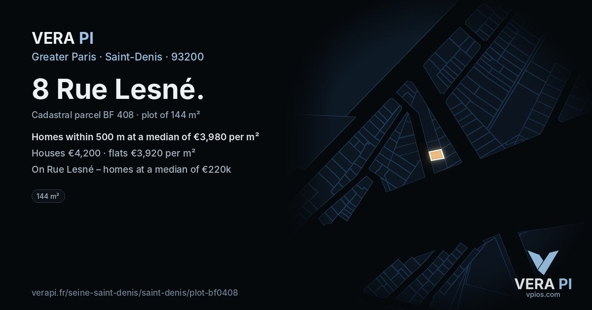 8 Rue Lesné, Saint-Denis at night – the plot lit, the parcels around coloured by the prices near them