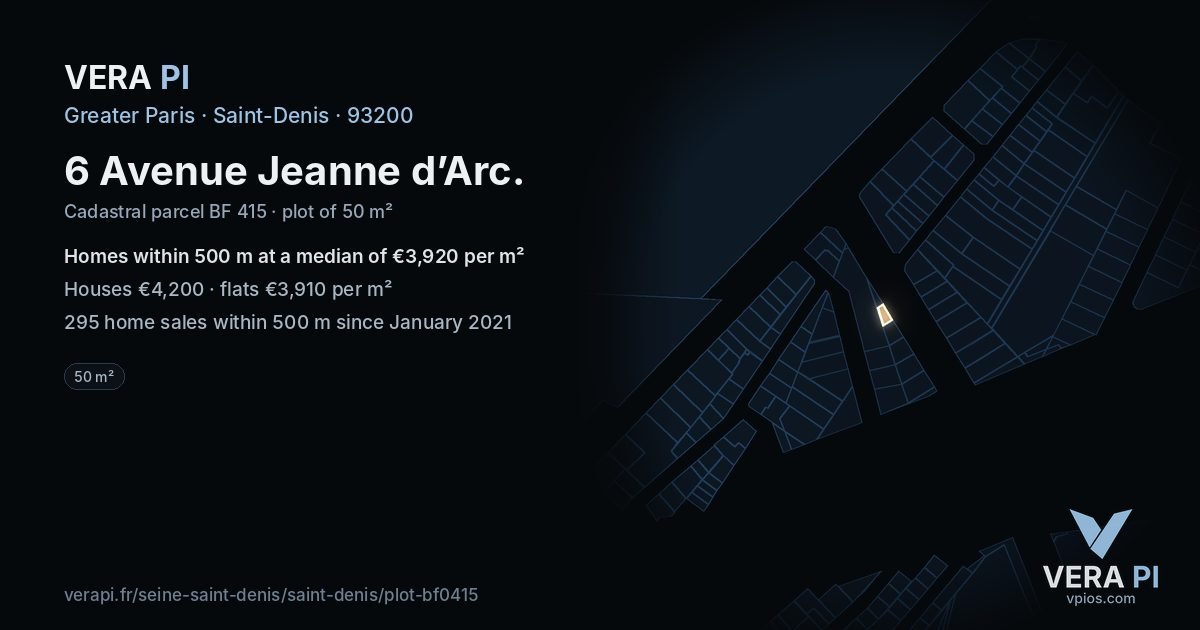 6 Avenue Jeanne d’Arc, Saint-Denis at night – the plot lit, the parcels around coloured by the prices near them
