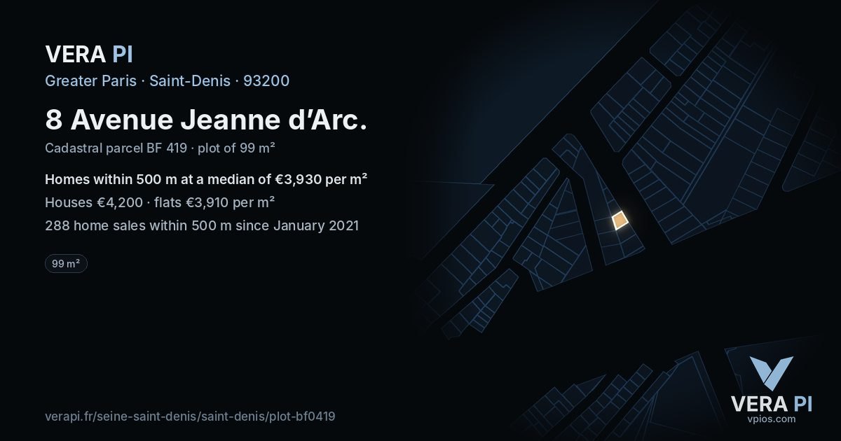 8 Avenue Jeanne d’Arc, Saint-Denis at night – the plot lit, the parcels around coloured by the prices near them