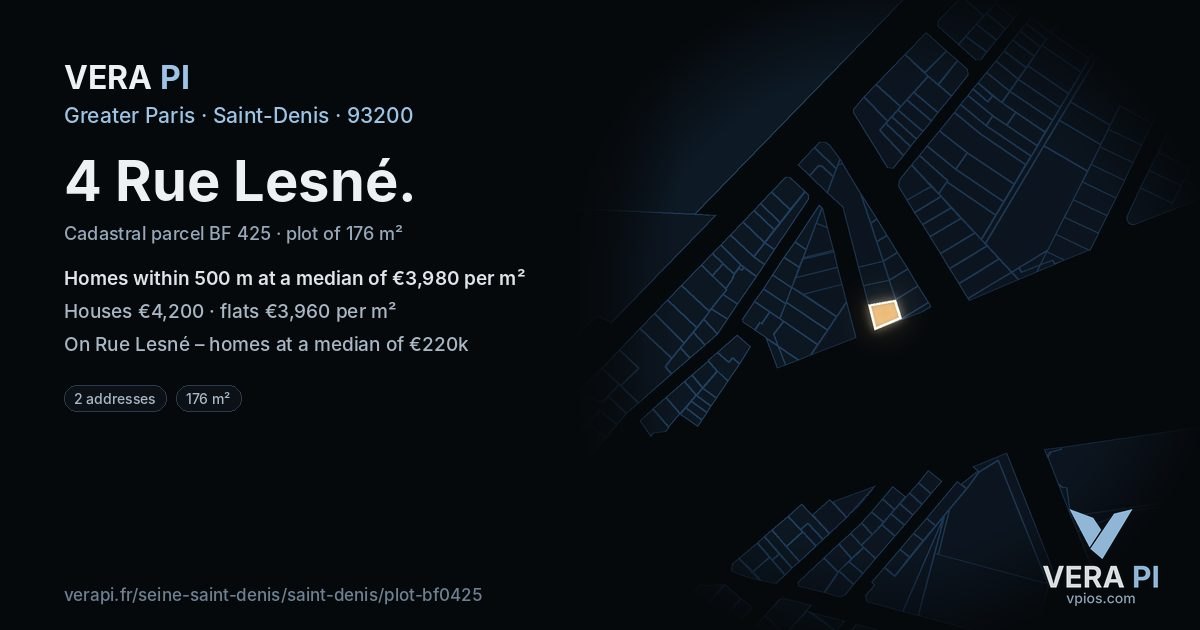 4 Rue Lesné, Saint-Denis at night – the plot lit, the parcels around coloured by the prices near them
